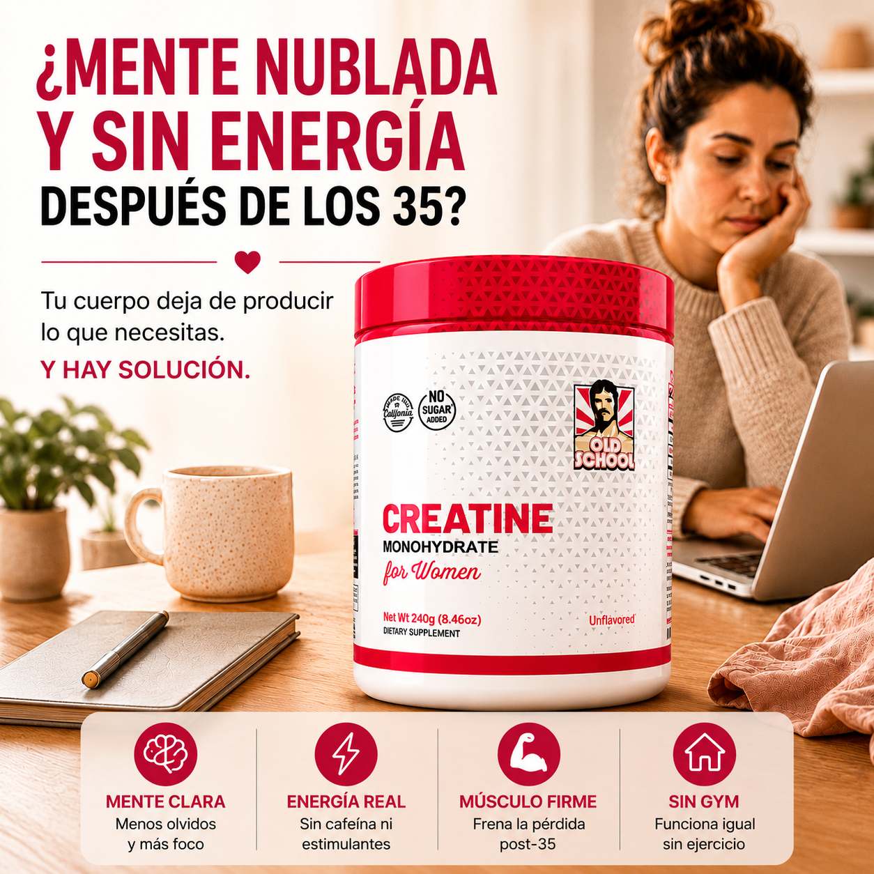 Creatina Monohidrato Premium para Mujeres | Energía, Mente Clara y Fuerza | Sin Sabor 240g