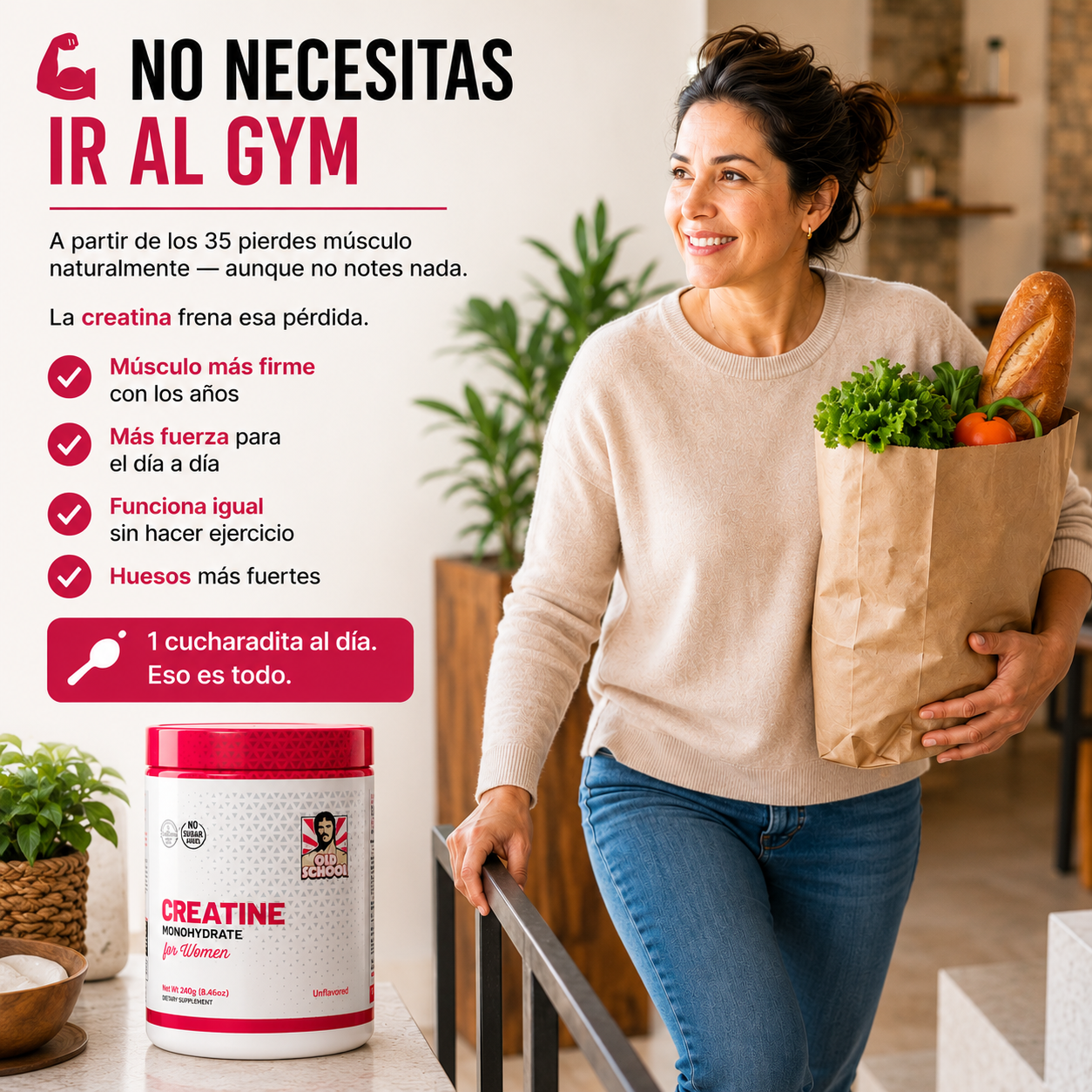 Creatina Monohidrato Premium para Mujeres | Energía, Mente Clara y Fuerza | Sin Sabor 240g