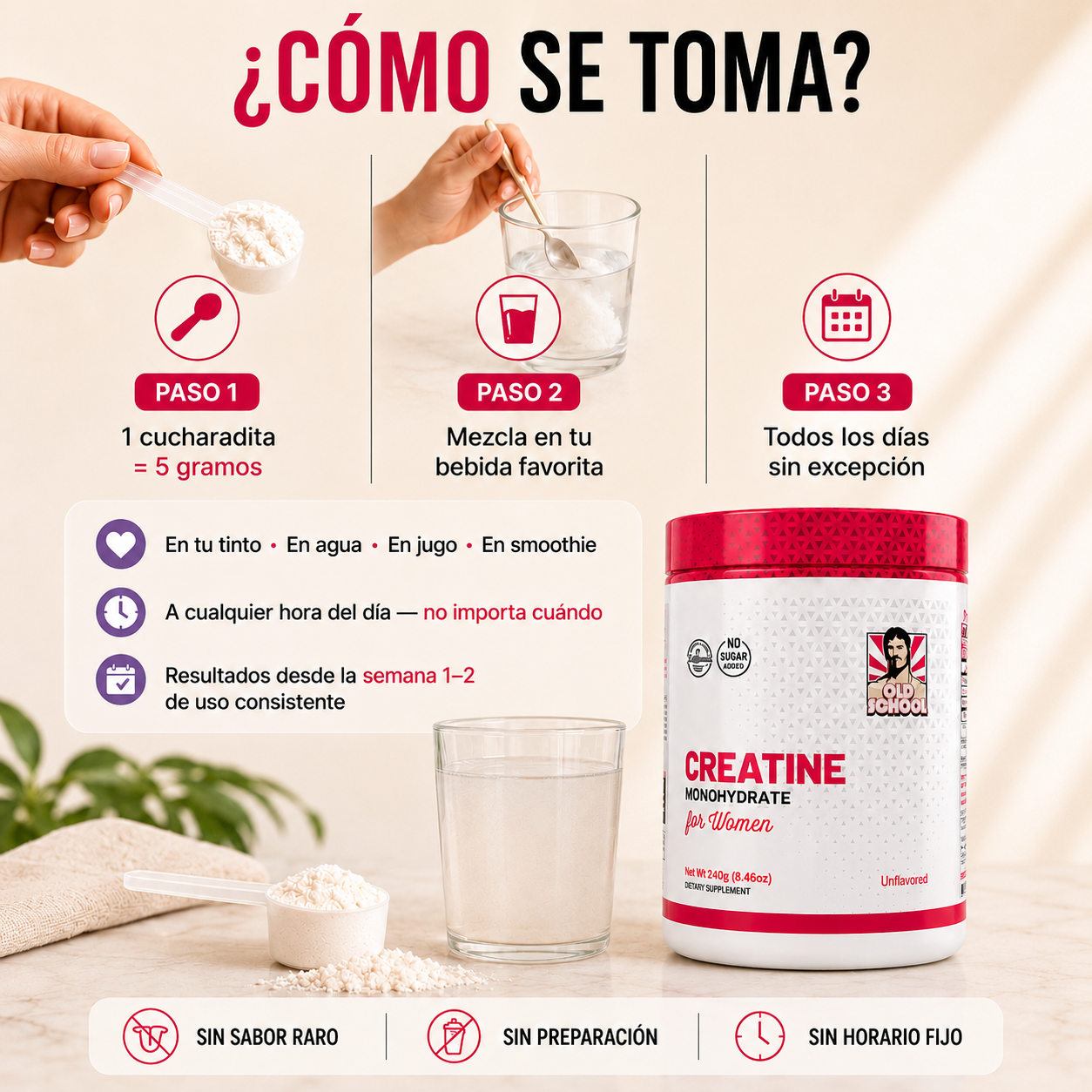 Creatina Monohidrato Premium para Mujeres | Energía, Mente Clara y Fuerza | Sin Sabor 240g
