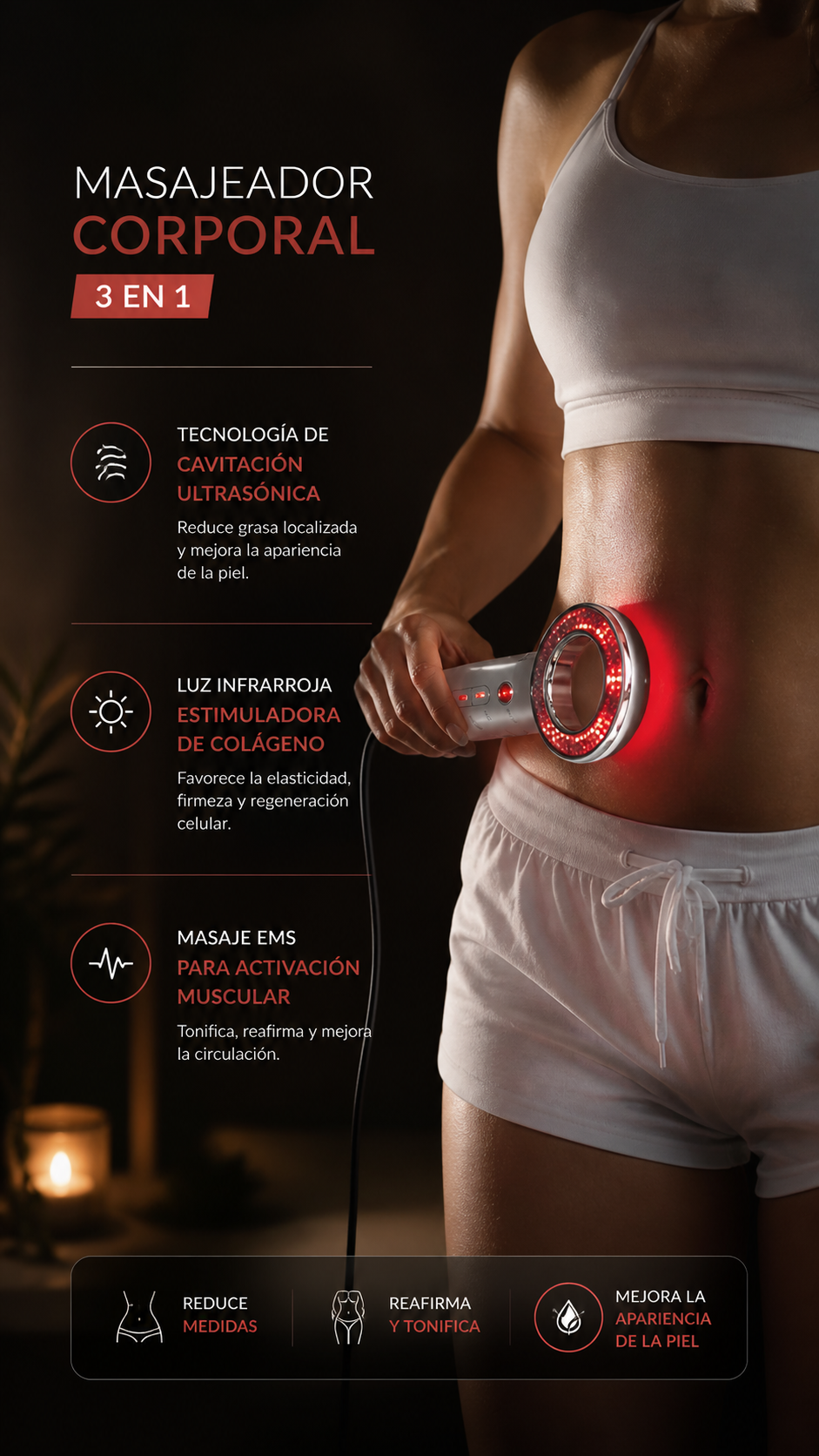 Masajeador Reductor 3 en 1 | Ultrasonido, Infrarrojo y EMS Anticelulitis